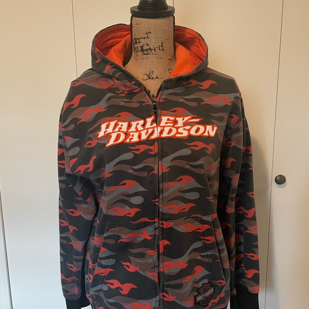Harley Davidson Zip Up Hoodie - Orange Flames - Youth Large 16/18
